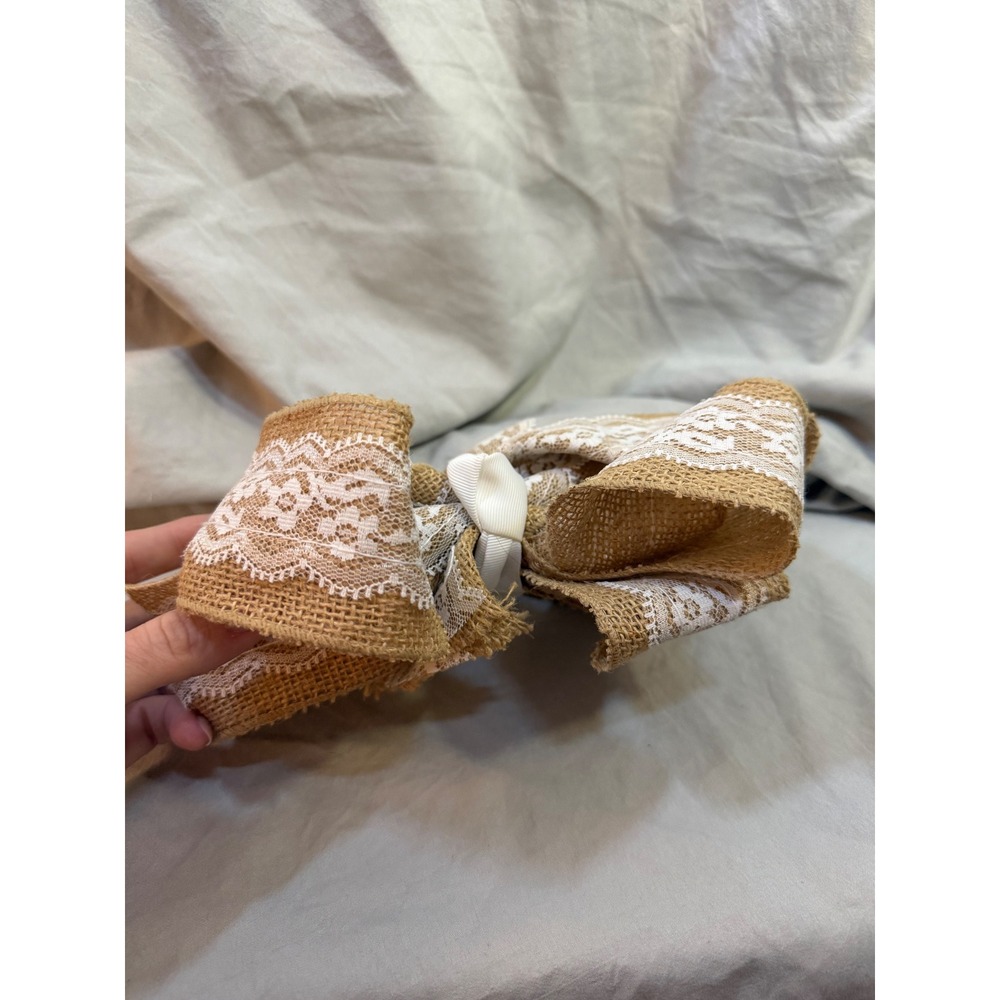 Burlap and Lace Oversized Hair Bow French Barrette Rustic Country Style - Picture 3 of 4